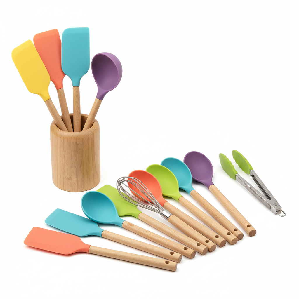 Kit Utensilios de Cozinha em Silicone com Cabo de Madeira